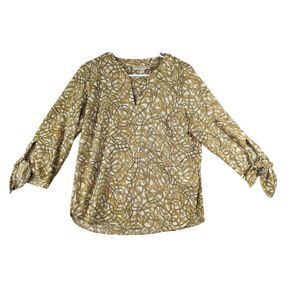MICHAEL KORS Paisley Seersucker‎ V Neck Tie Sleeve Blouse Top Stretch Women's M